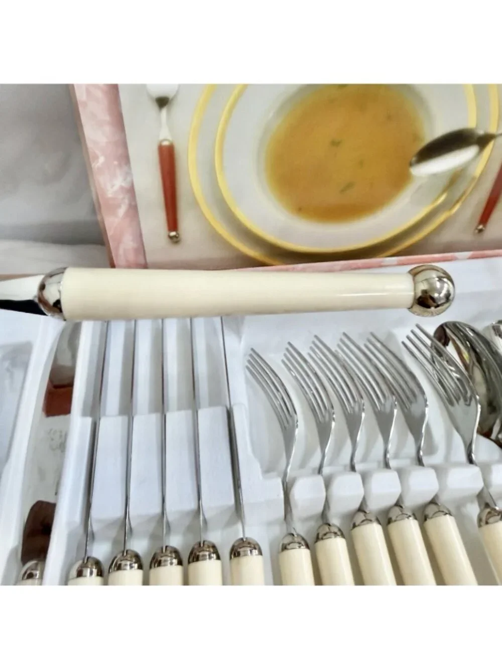 Gottingen Ashaya Stainless Flatware Ball End Cream Handles Space Age Retro Set
